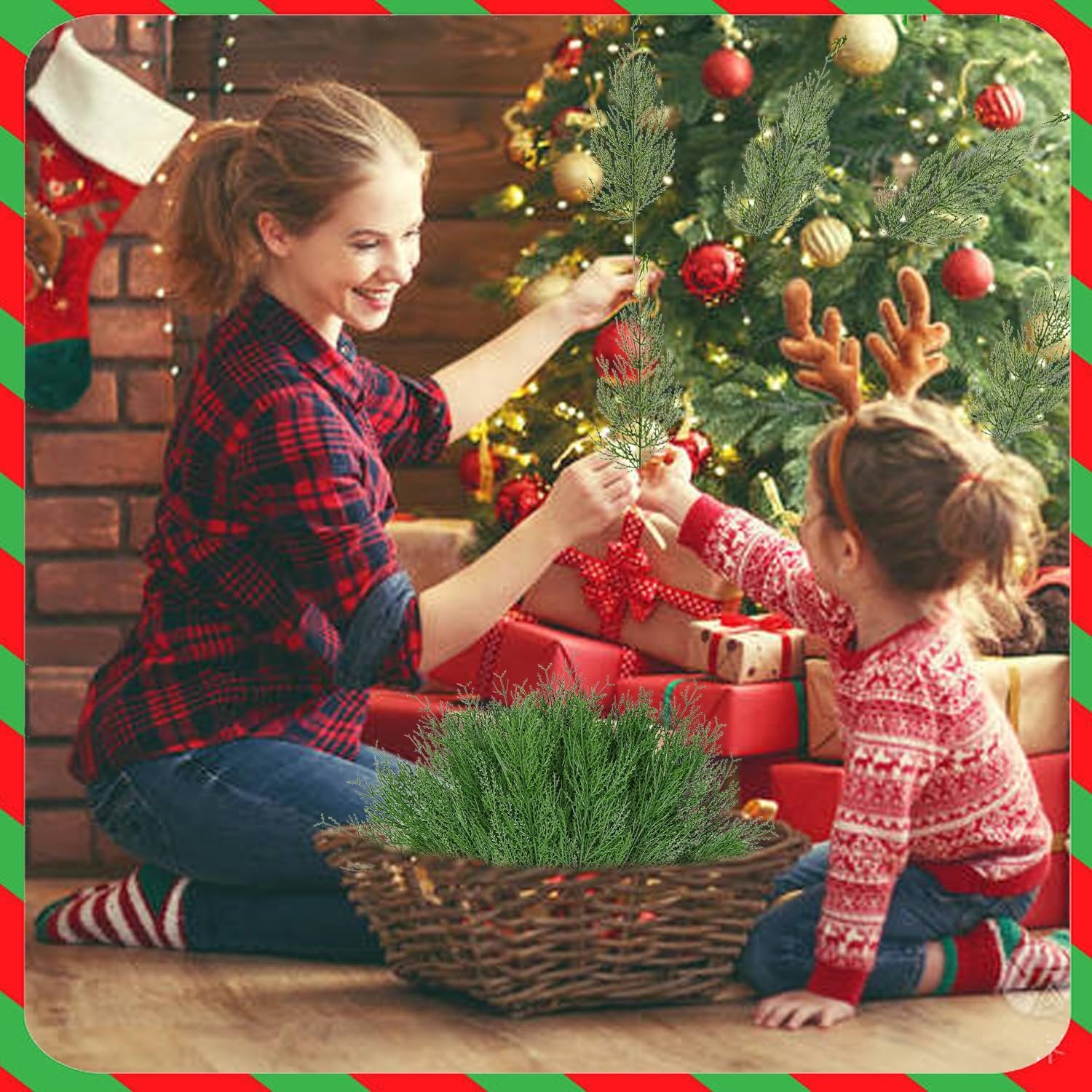 Mother and child decorating a Christmas tree with artificial pine branches from a basket.
