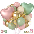 Assortment of pink, nude, sage green, and gold balloons with confetti and heart shapes.