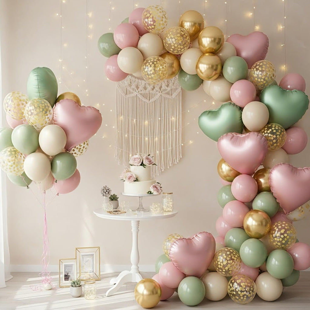 Balloon arch and bouquet in pink, nude, sage green, and gold with confetti and heart shapes, next to a cake on a table.