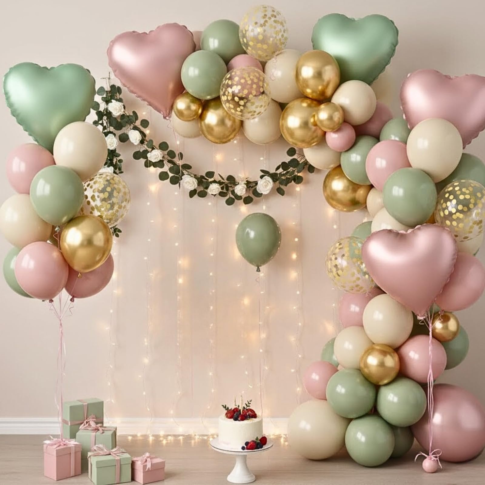 Balloon arch with heart balloons, confetti balloons, and greenery over a cake and gift boxes.