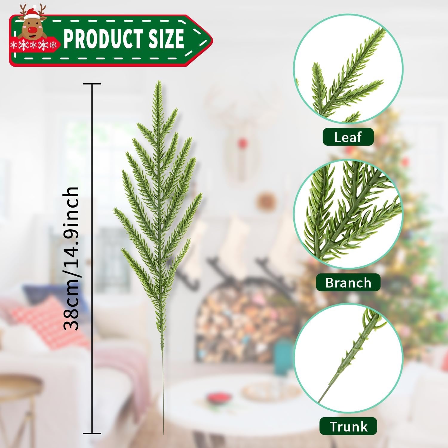 Green faux evergreen sprig with close-ups of leaf, branch, and trunk, with product size indicated as 38cm/14.9in.