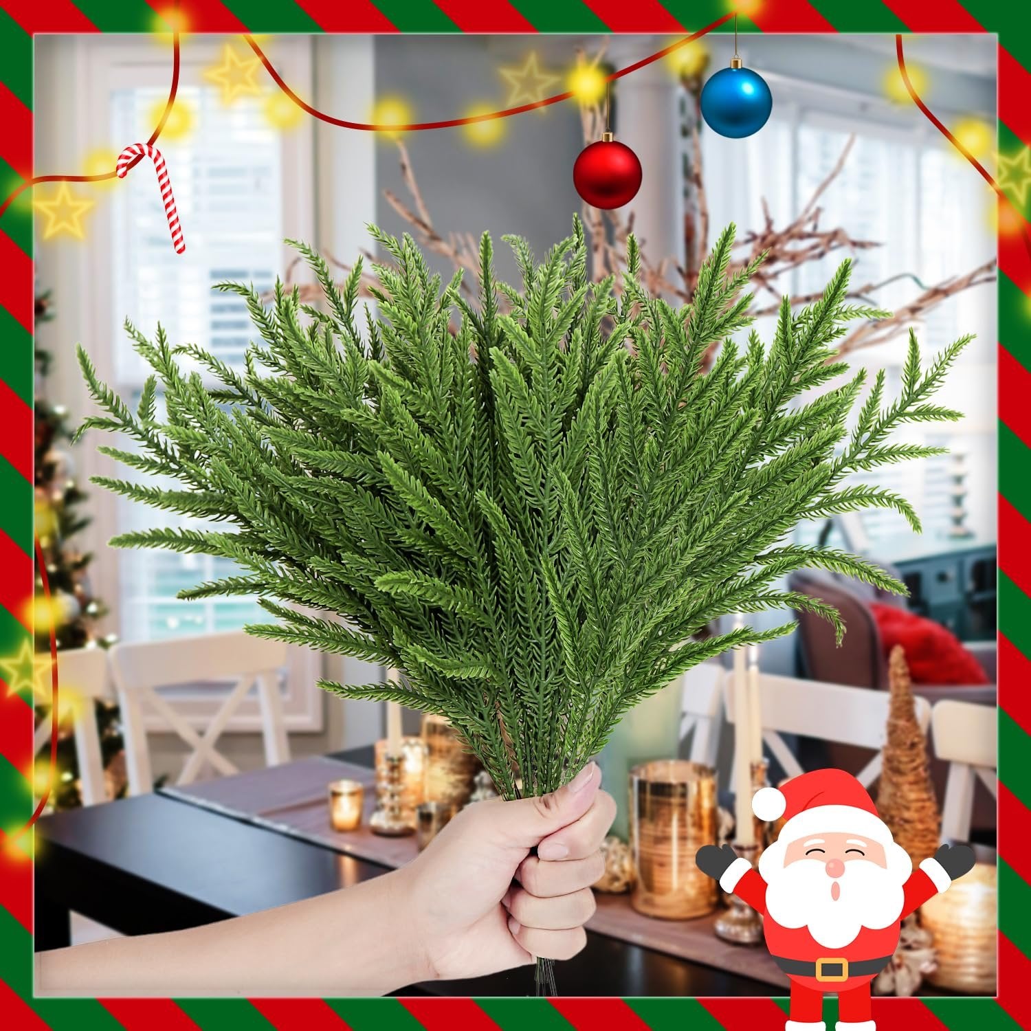 Hand holding a bunch of green faux pine sprigs with a festive Christmas border and Santa Claus graphic