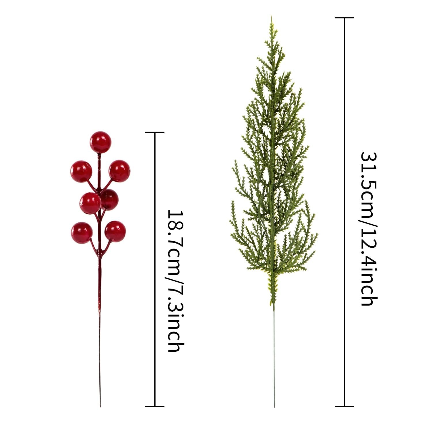 Artificial pine branch and red berry stem with size dimensions shown