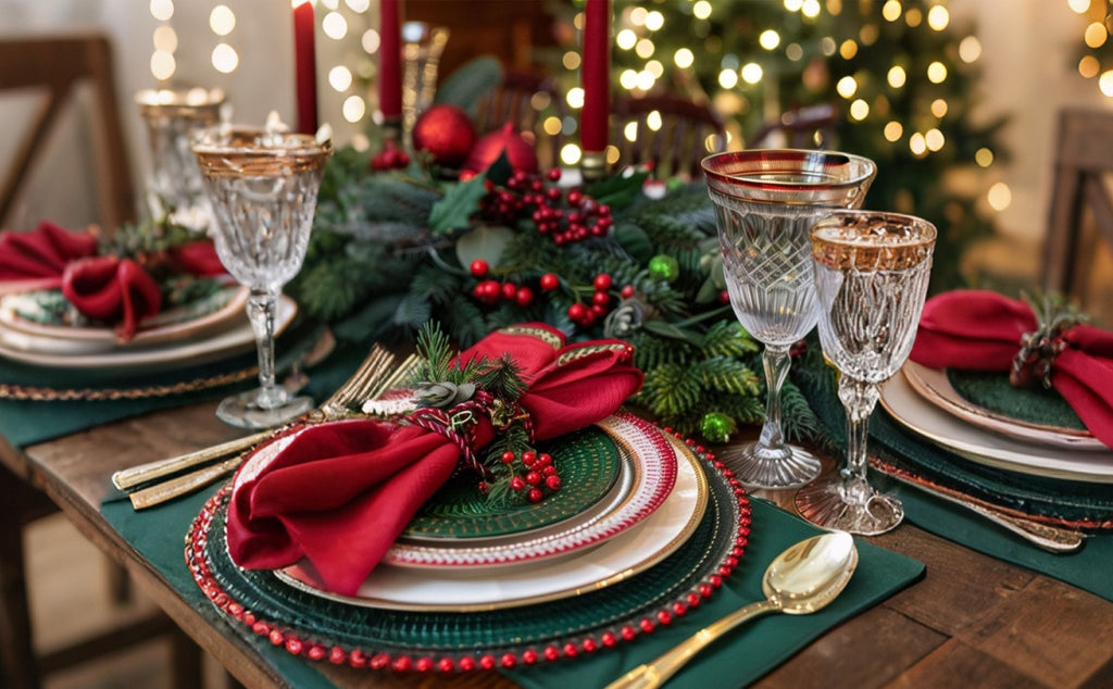 Christmas table setting with red napkins, green plates, and crystal wine glasses, adorned with pine branches and red berries.