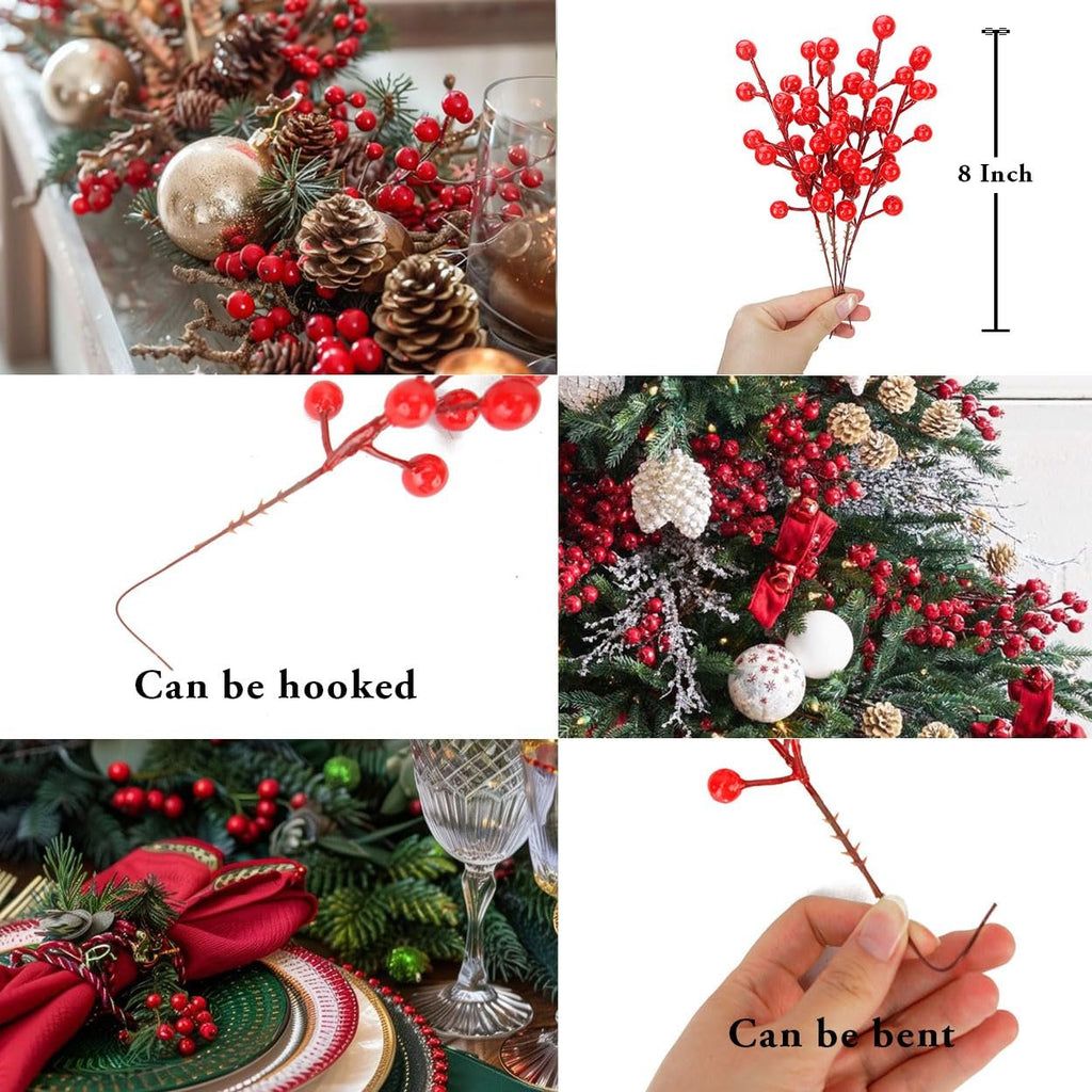 Collage of artificial red berry stems and Christmas decor. Includes a garland, a hand holding a stem, a Christmas tree, and a table setting.
