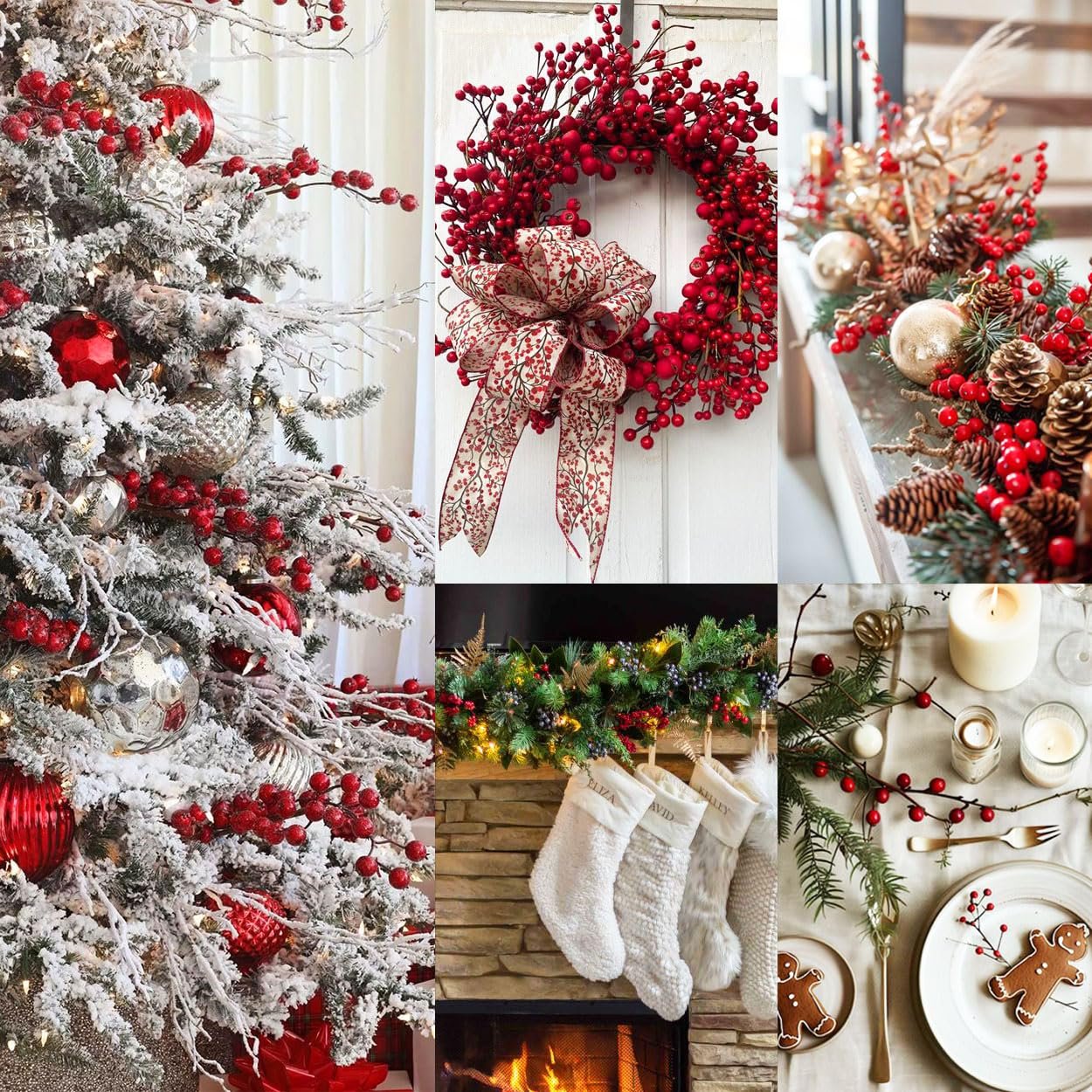 Collage of Christmas decorations featuring artificial red berry stems on a flocked tree, a berry wreath with a bow, a garland, stockings, and a table setting with gingerbread cookies.