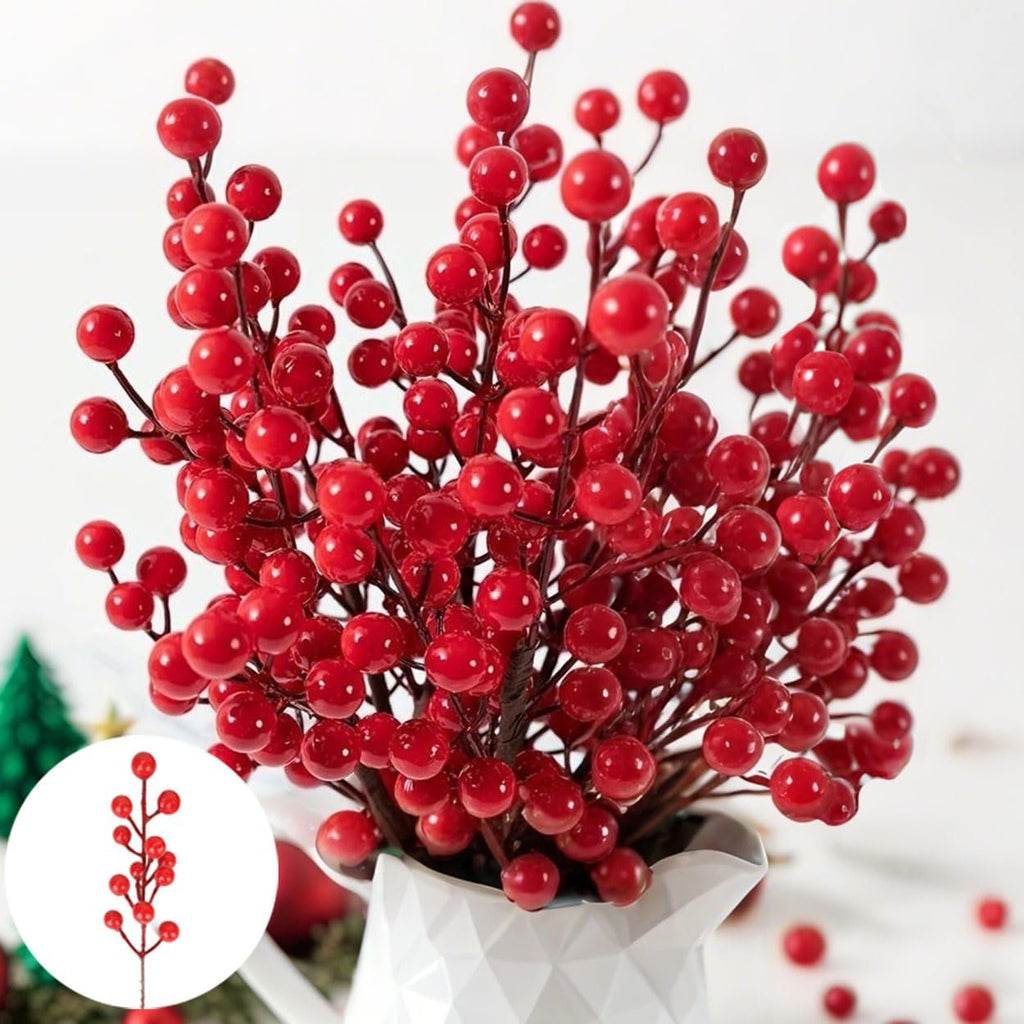 Artificial red berry stems with wire branches in a white vase, with a small inset image of a single stem.