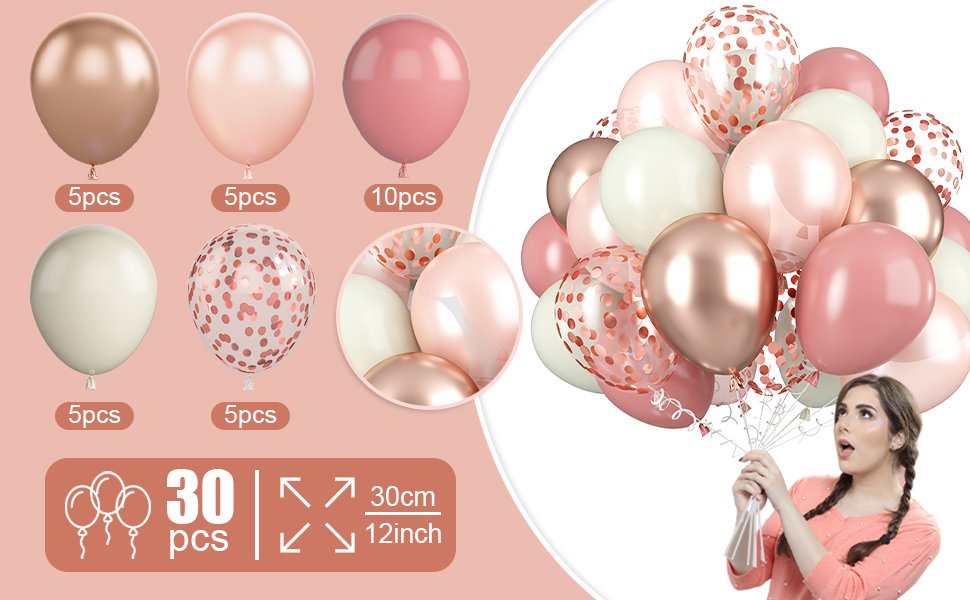 Dusty pink boho blush balloons with rose gold and confetti, shown in a flat lay and a cluster held by a person.