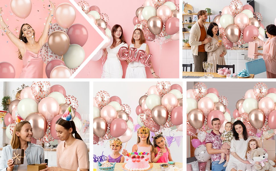 Collage of dusty pink, rose gold, and ivory balloons for celebrations. Includes lifestyle shots of people and close-ups of balloon arrangements.