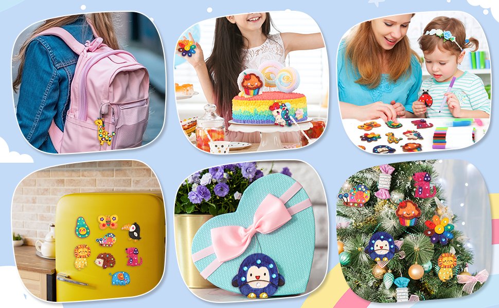 Collage of children and adults enjoying a glow-in-the-dark magnet painting kit, decorating a cake, and adorning a Christmas tree.