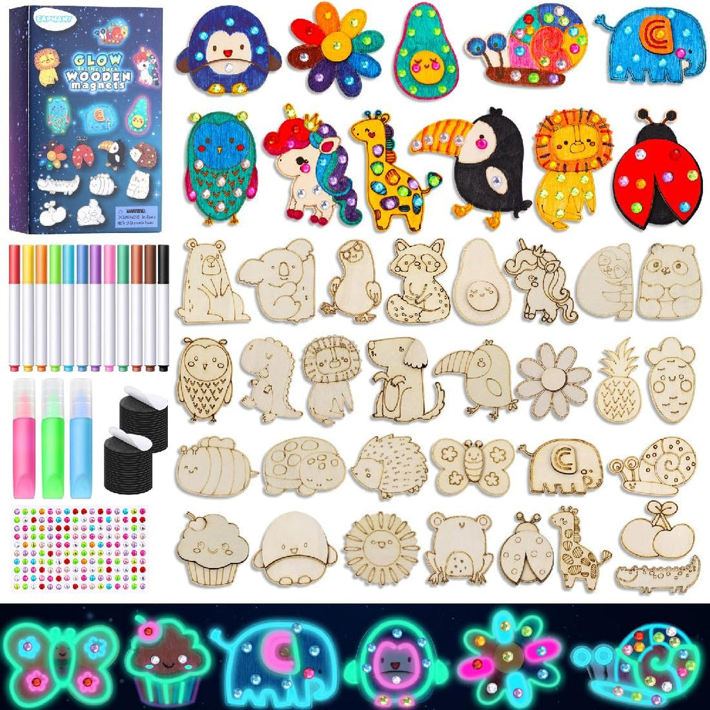 30-piece glow-in-the-dark wooden magnet painting kit for kids, showing craft supplies and various wooden magnet shapes.