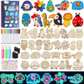 30-piece glow-in-the-dark wooden magnet painting kit for kids, showing craft supplies and various wooden magnet shapes.