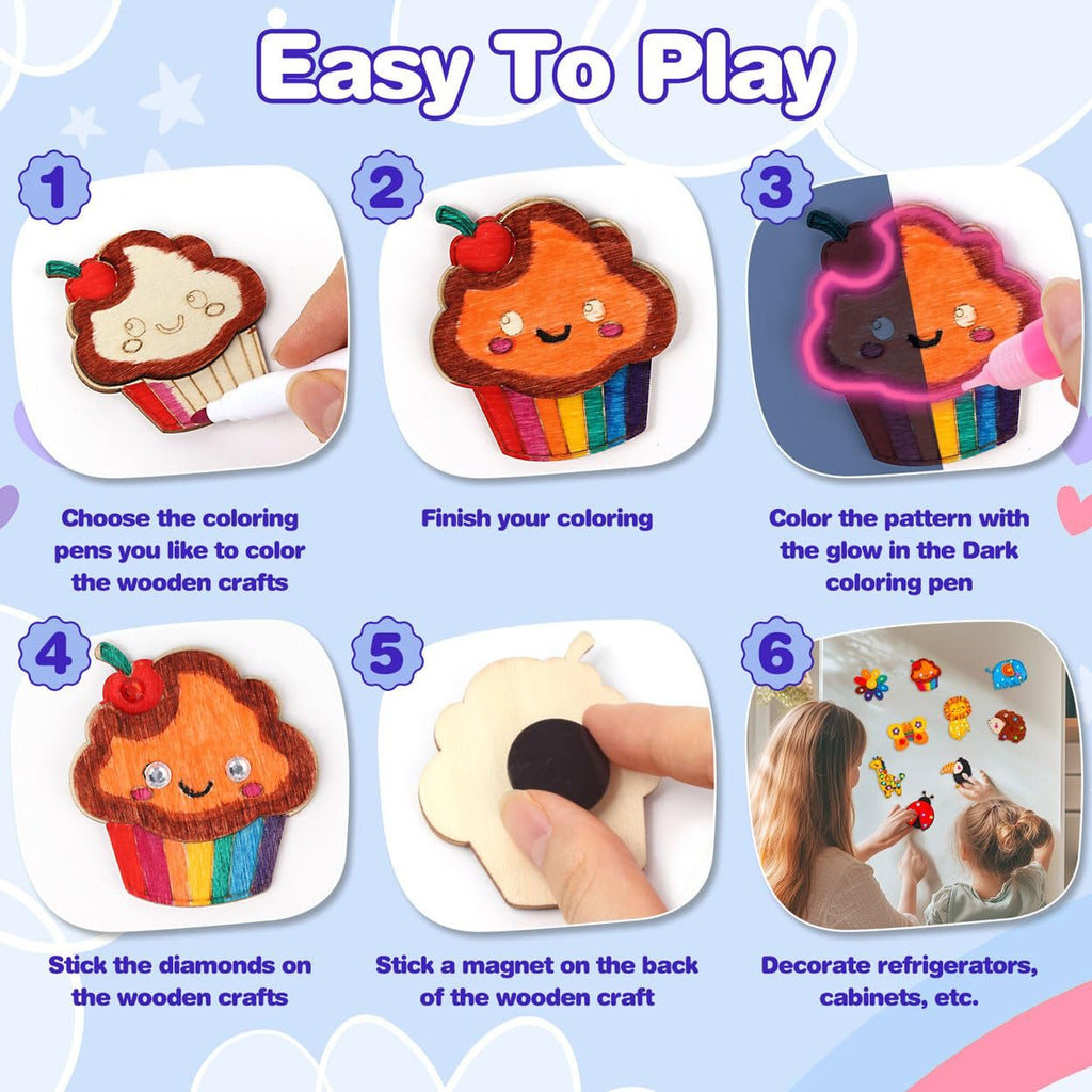 Step-by-step guide for a glow-in-the-dark wooden magnet painting kit for kids, showing coloring, adding gems, and decorating refrigerators.