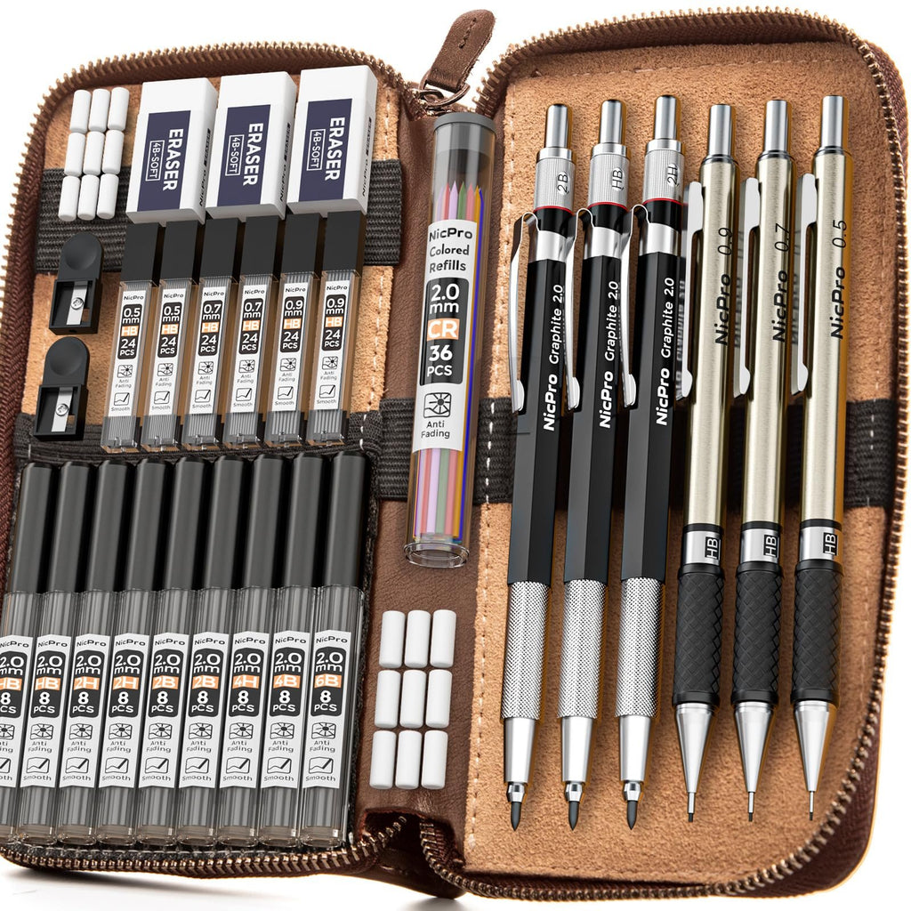Open leather case filled with mechanical pencils, lead refills, and erasers. Includes 0.5mm, 0.7mm, 0.9mm, and 2.0mm leads and holders.