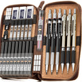 Open leather case filled with mechanical pencils, lead refills, and erasers. Includes 0.5mm, 0.7mm, 0.9mm, and 2.0mm leads and holders.