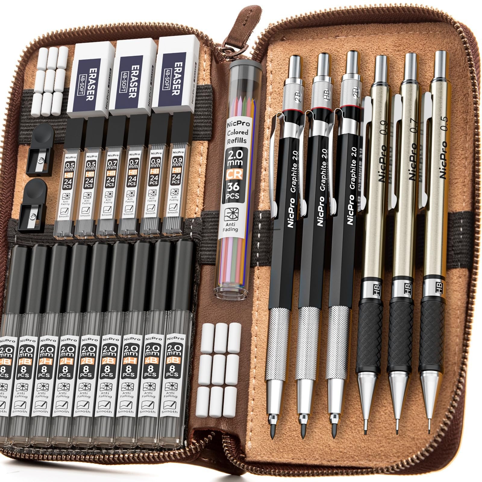 Open leather case filled with mechanical pencils, lead refills, and erasers. Includes 0.5mm, 0.7mm, 0.9mm, and 2.0mm leads and holders.