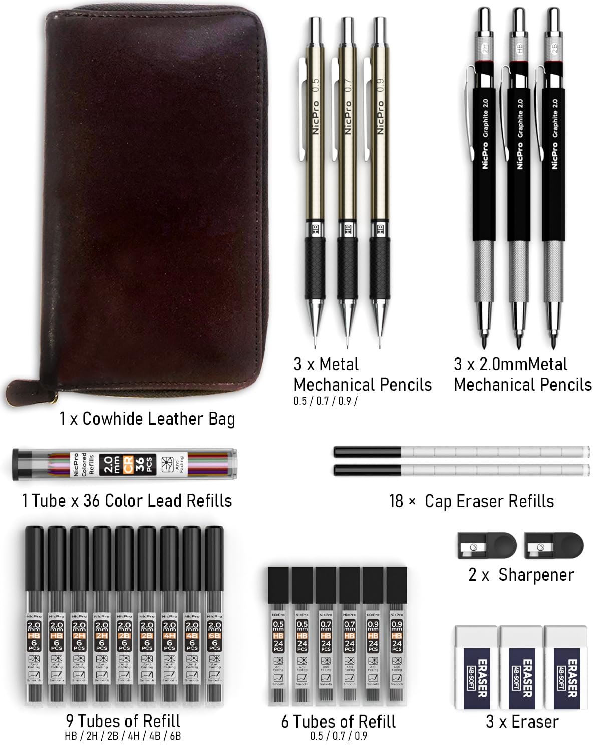 Mechanical pencil set with leather case, lead refills, erasers, and sharpeners laid out.