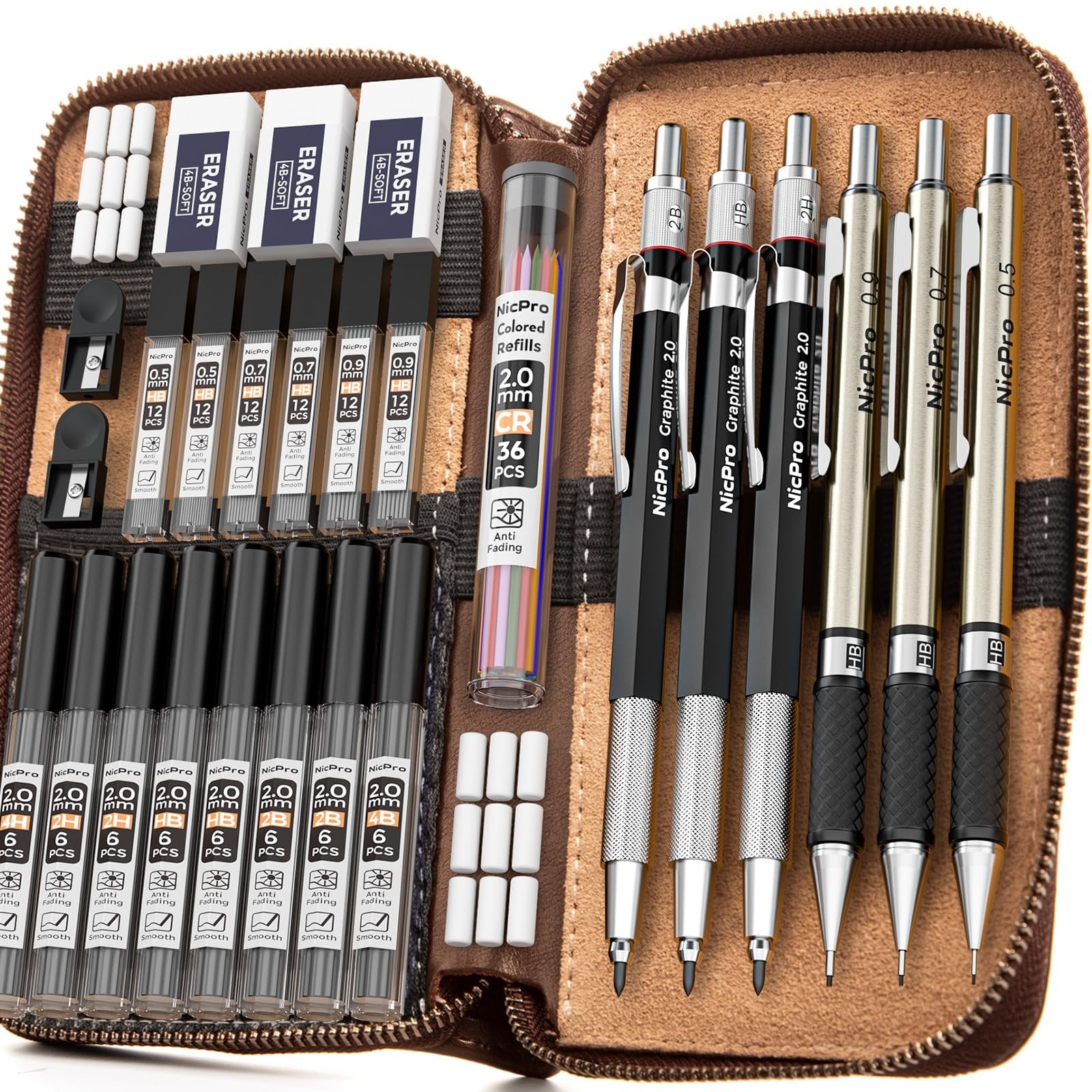 Mechanical pencil set with leather case, showing pencils, lead refills, and erasers. Close-up view.