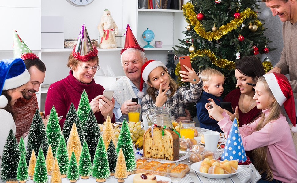 Family celebrating Christmas with mini bottle brush trees on a table with food and a Christmas tree in the background.