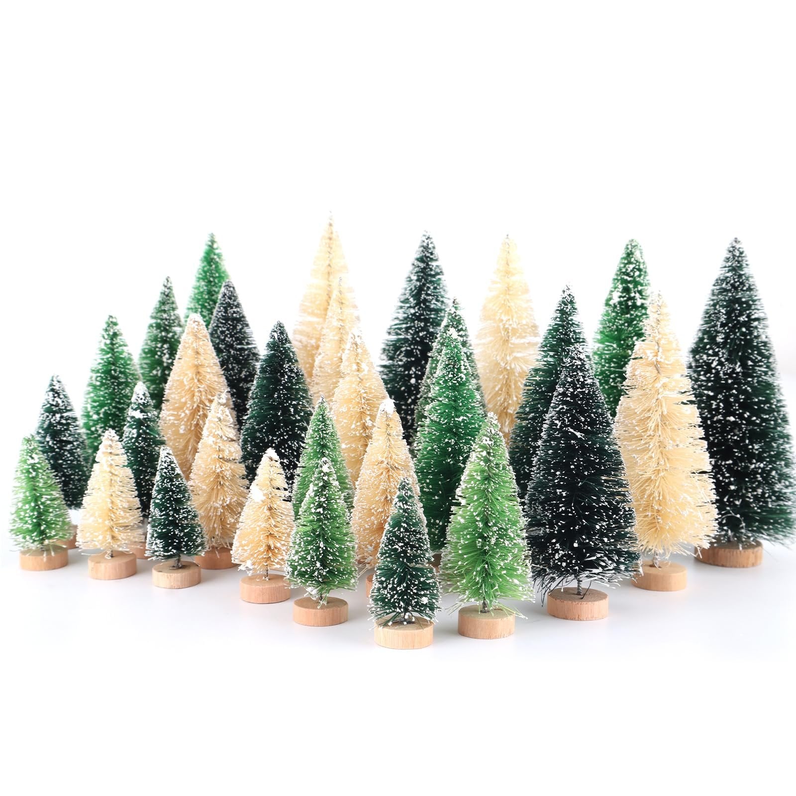 Assortment of mini snowy bottle brush Christmas trees with wooden bases on a white background.