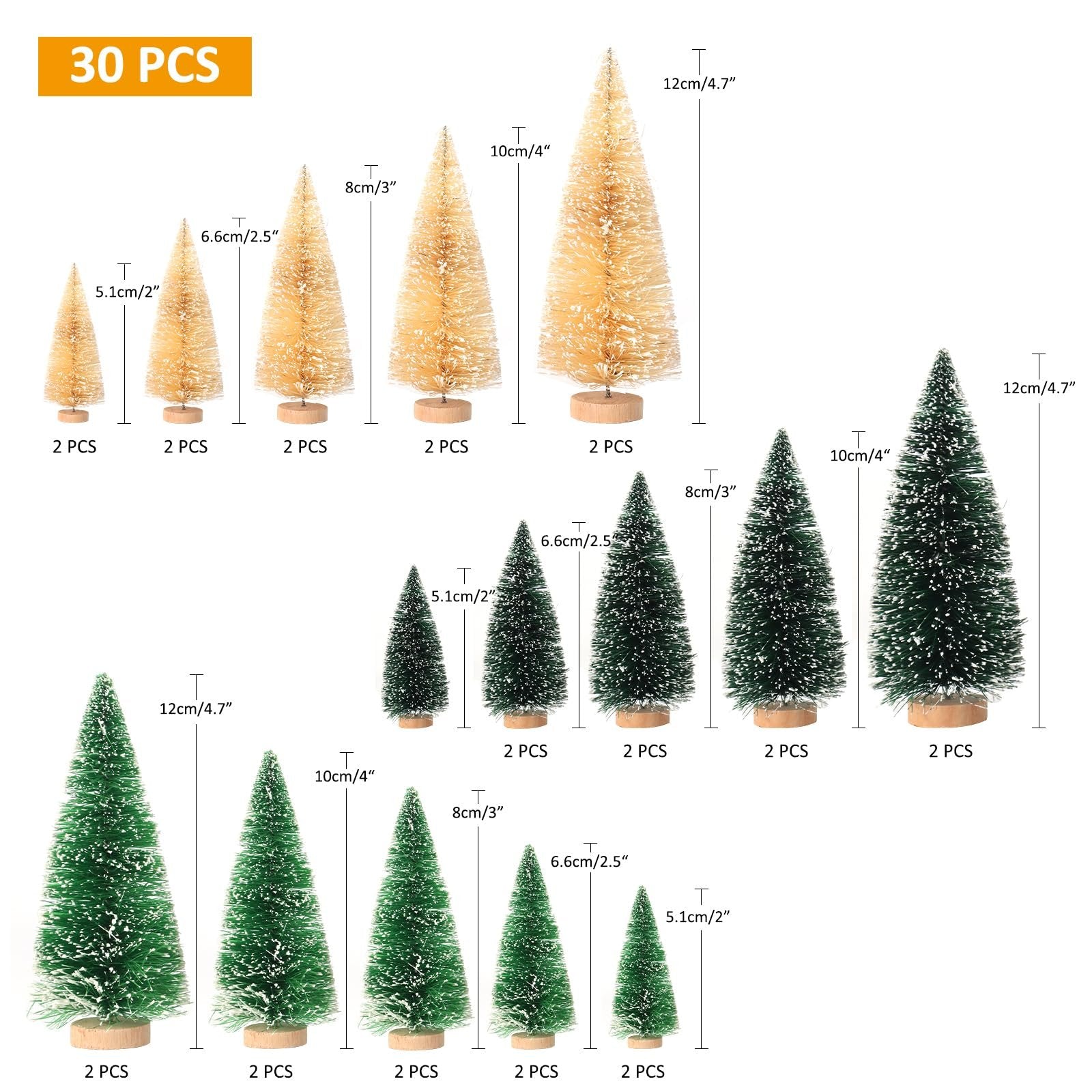 Set of 30 mini snowy bottle brush Christmas trees in various sizes with wooden bases, displayed in gold and green colors.