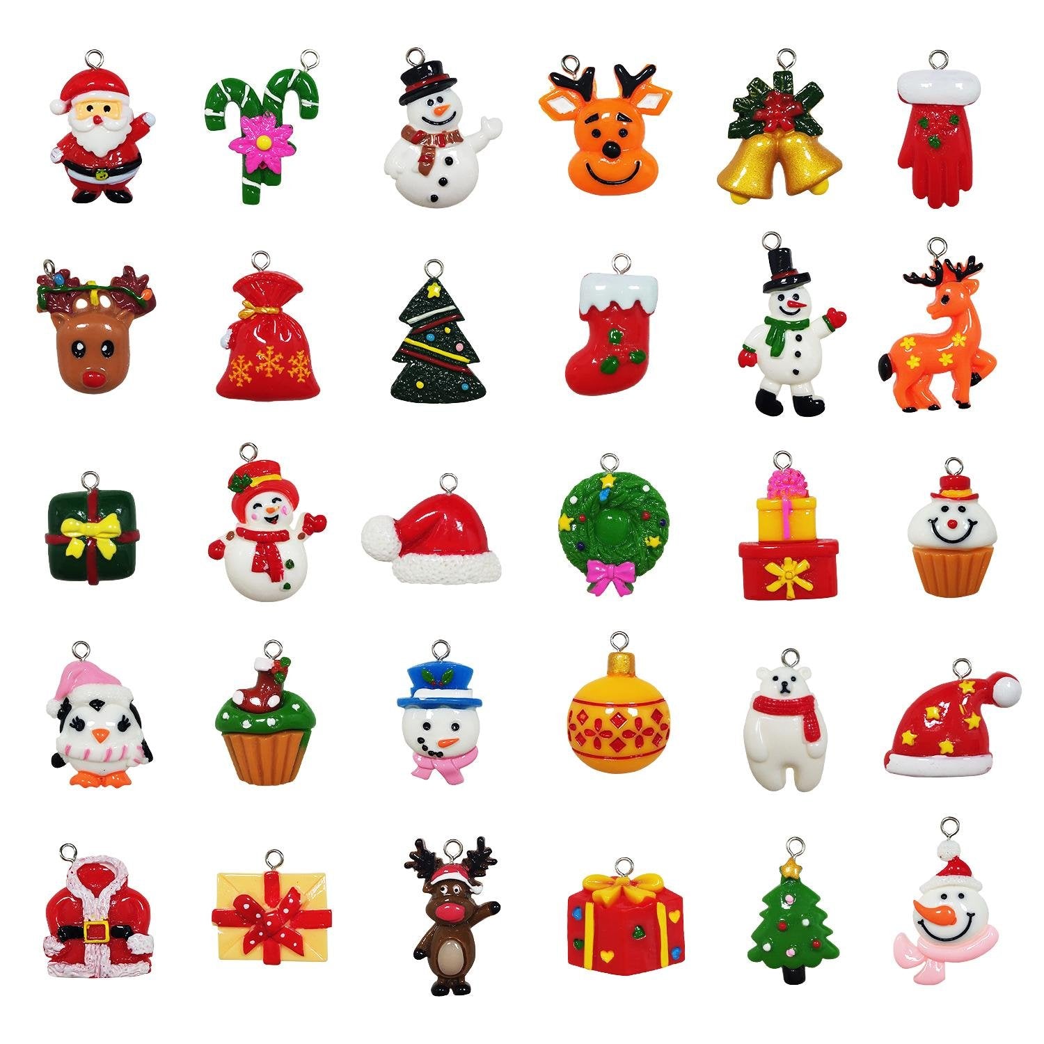 Collection of 30 assorted mini resin Christmas ornaments including Santa, snowmen, reindeer, gifts, and candy canes.