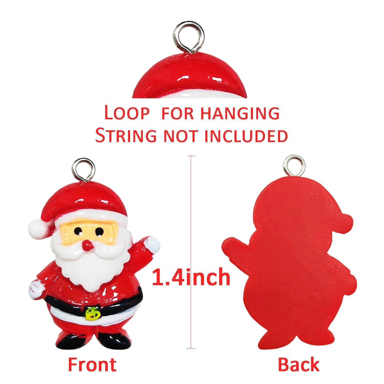 Miniature Santa Claus Christmas ornament shown front and back, with loop for hanging. Size indicated as 1.4 inches.