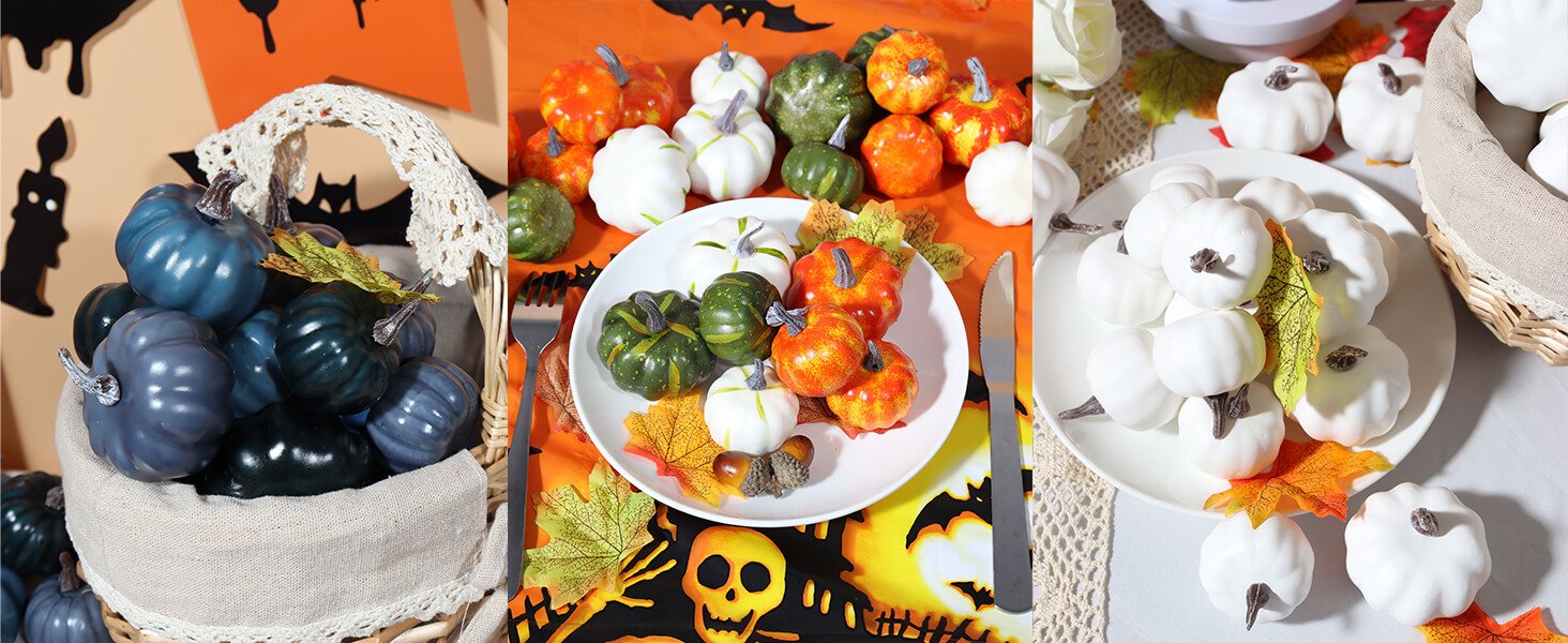 Assorted mini pumpkins in blue, green, orange, and white colors displayed in a basket and on plates with fall leaves.