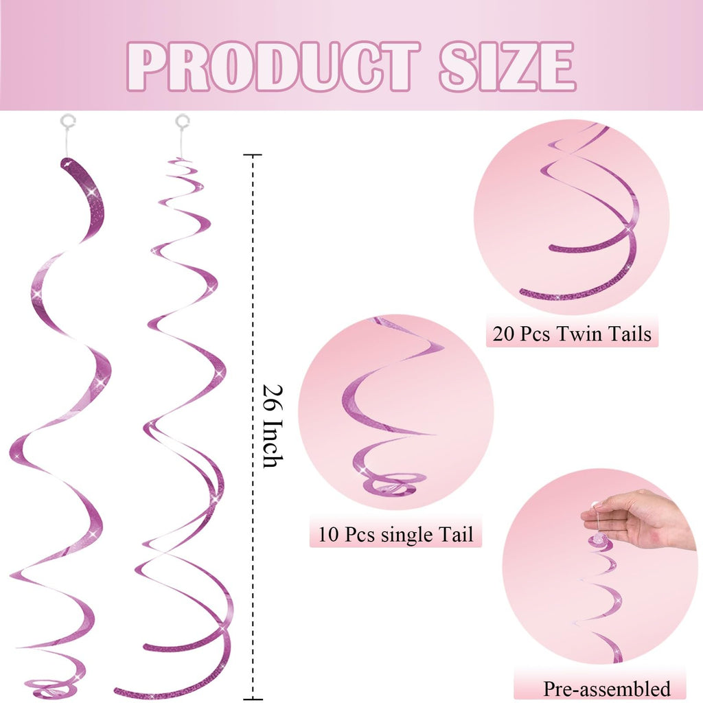 Pink hanging swirl decorations shown with size and quantity details. Includes single and twin tail examples.