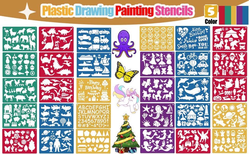 Collection of 30 plastic drawing and painting stencils featuring animals, vehicles, letters, numbers, and holiday themes.