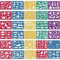 Collage of 30 plastic drawing stencils with various shapes including animals, vehicles, letters, and holiday themes.