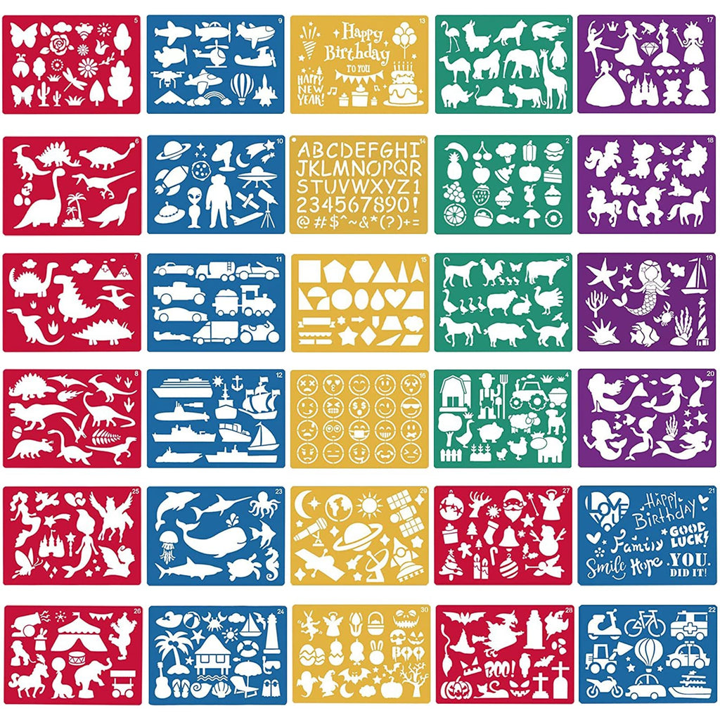 Collage of 30 plastic drawing stencils with various shapes including animals, vehicles, letters, and holiday themes.