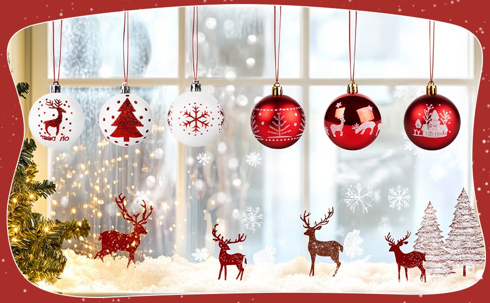 Red and white shatterproof Christmas ball ornaments with festive patterns hanging in a window setting with snow and deer decorations.