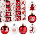 Set of red and white shatterproof Christmas ball ornaments with various festive designs, displayed in a grid and individually.