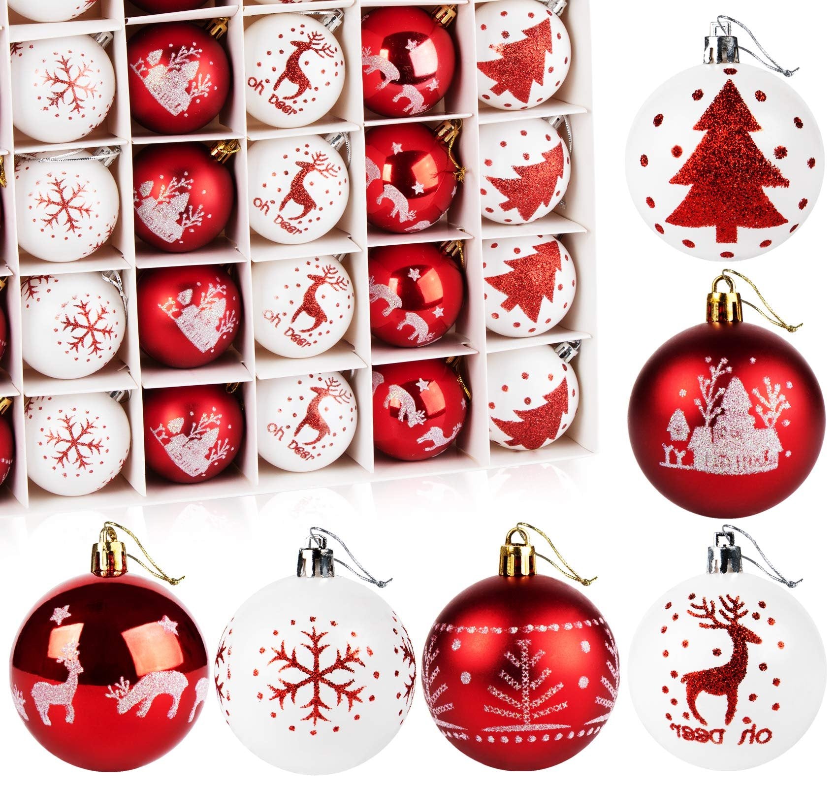 Set of red and white shatterproof Christmas ball ornaments with various festive designs, displayed in a grid and individually.