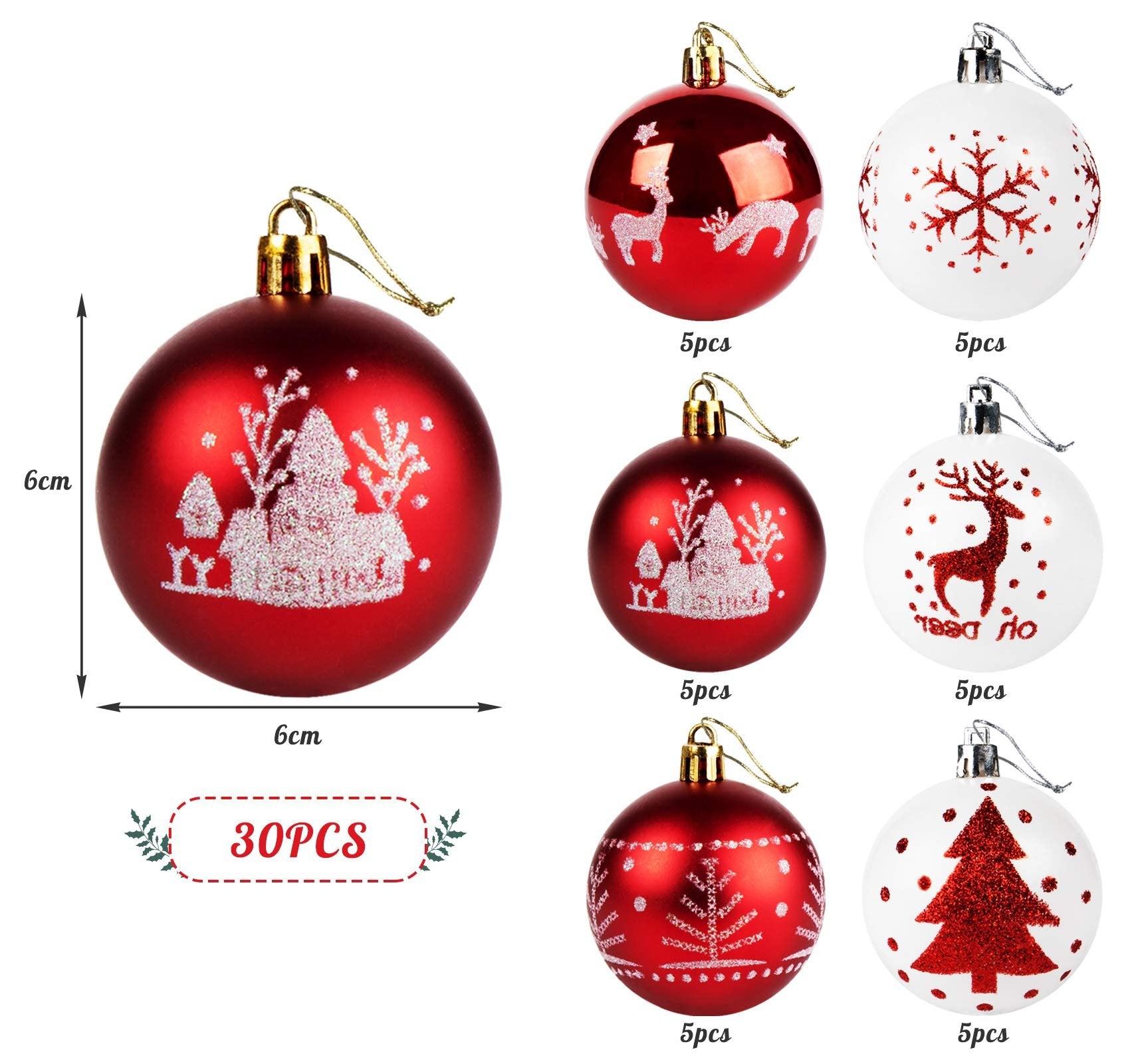 Set of red and white shatterproof Christmas ball ornaments with various festive designs, including a village, reindeer, snowflake, and Christmas tree. Dimensions shown as 6cm.