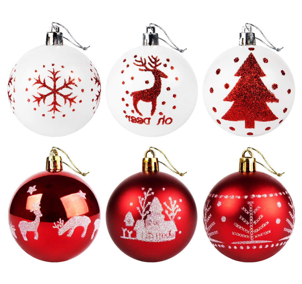 Six shatterproof Christmas ball ornaments, three white with red glitter designs and three red with white glitter designs, displayed in two rows.