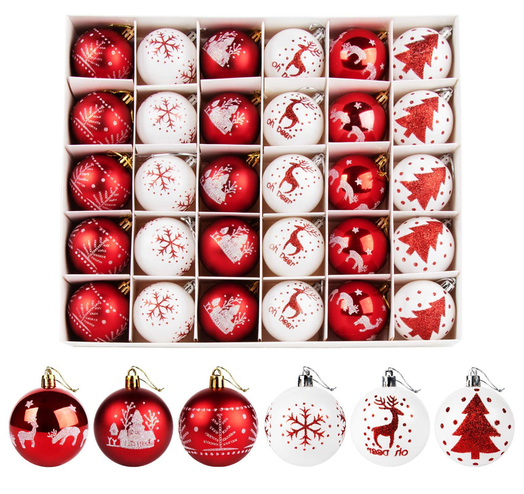 Set of 30 red and white shatterproof Christmas ball ornaments with various festive patterns, displayed in a box and individually.
