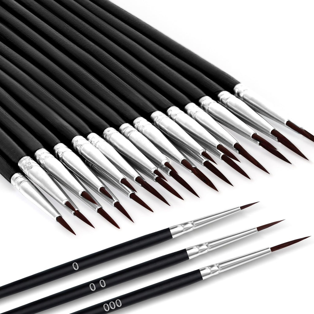 Set of fine tip paint brushes with black handles and silver ferrules, showing sizes 0, 00, and 000