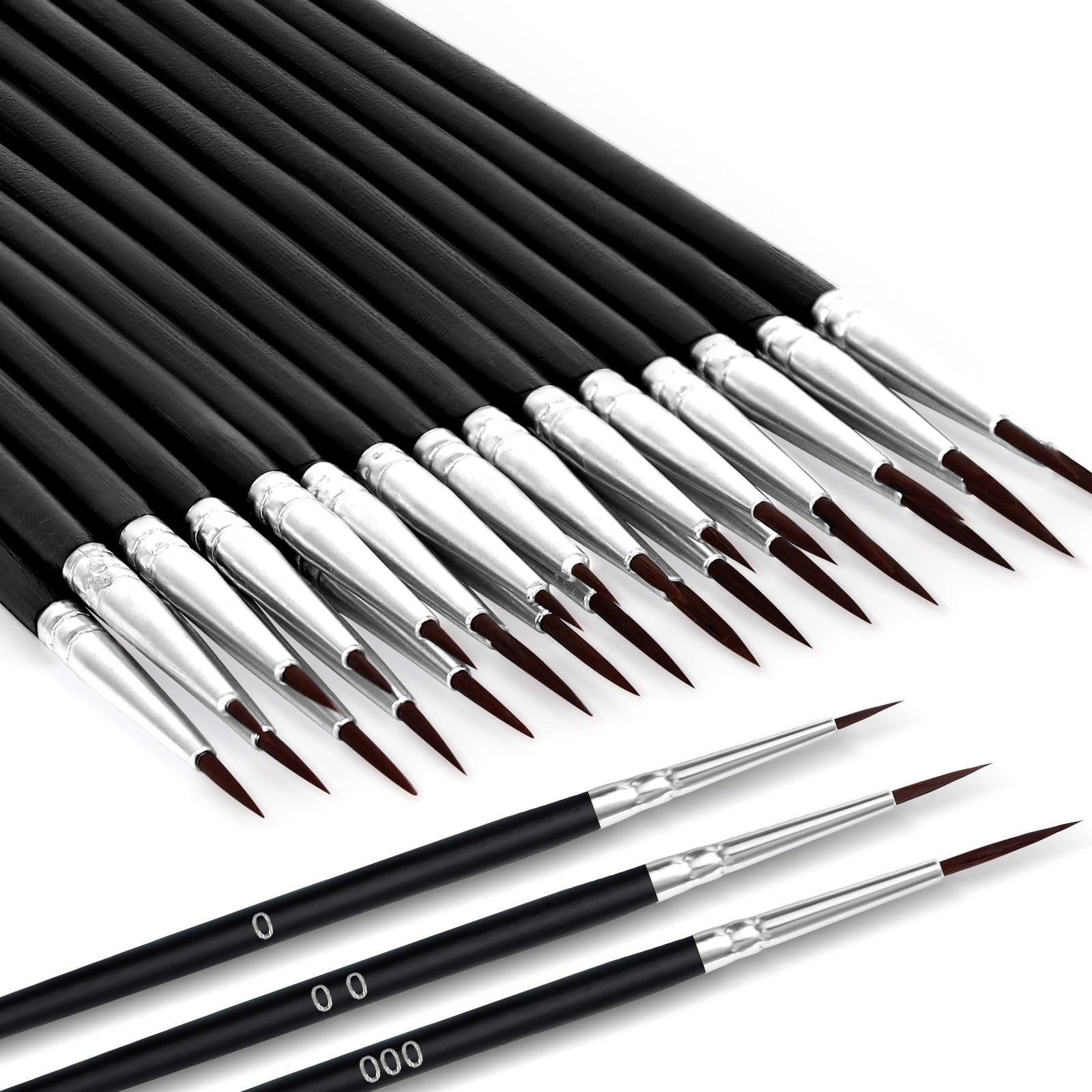 Set of fine tip paint brushes with black handles and silver ferrules, showing sizes 0, 00, and 000