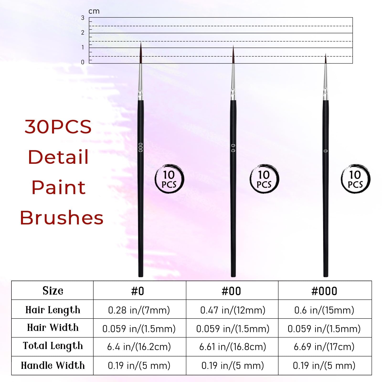 Three fine tip detail paint brushes shown with size chart and measurement scale. Brushes are labeled #0, #00, and #000.