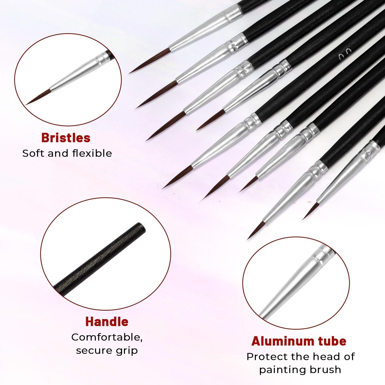 Set of fine tip paint brushes with black handles and silver ferrules, showing close-ups of bristles, handle, and aluminum tube.