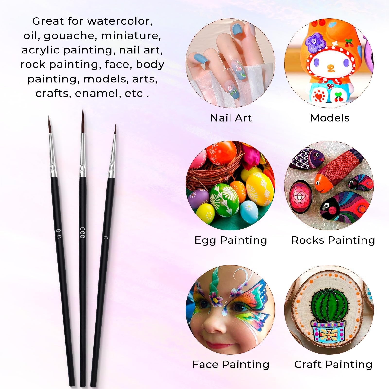 Three fine tip paint brushes with black handles and silver ferrules, shown with examples of their use in nail art, models, egg painting, rocks painting, face painting, and craft painting.