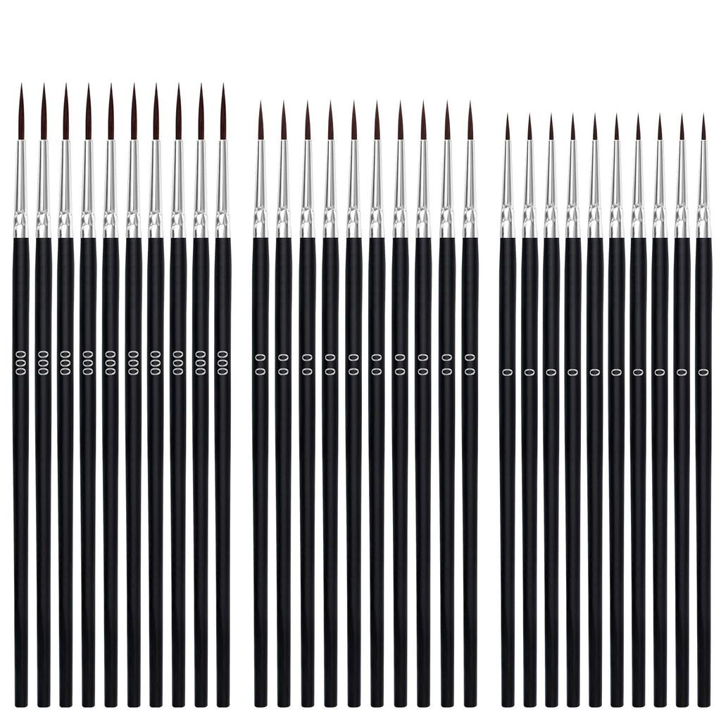 Set of 30 fine tip paint brushes with black handles and silver ferrules, arranged in rows on a white background.