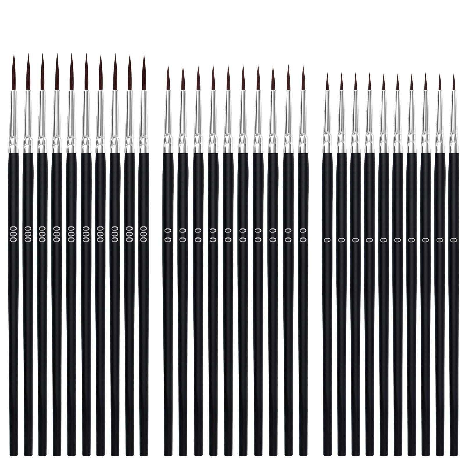 Set of 30 fine tip paint brushes with black handles and silver ferrules, arranged in rows on a white background.