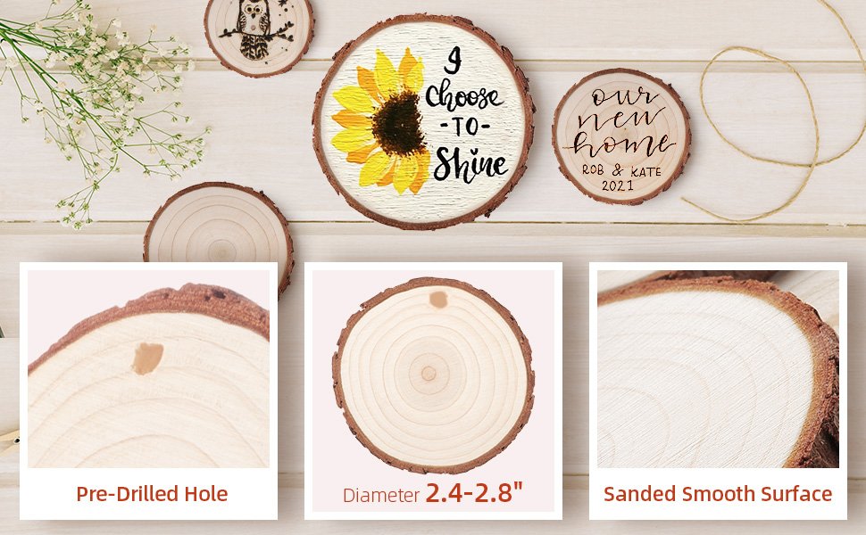 Unfinished wood slices with pre-drilled holes and twine for DIY ornaments, shown with decorative designs and close-ups of features.