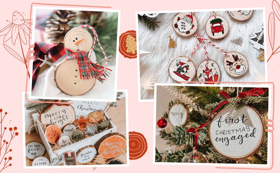 Collage of unfinished wood slices decorated for Christmas, including a snowman ornament, painted designs, and personalized messages.