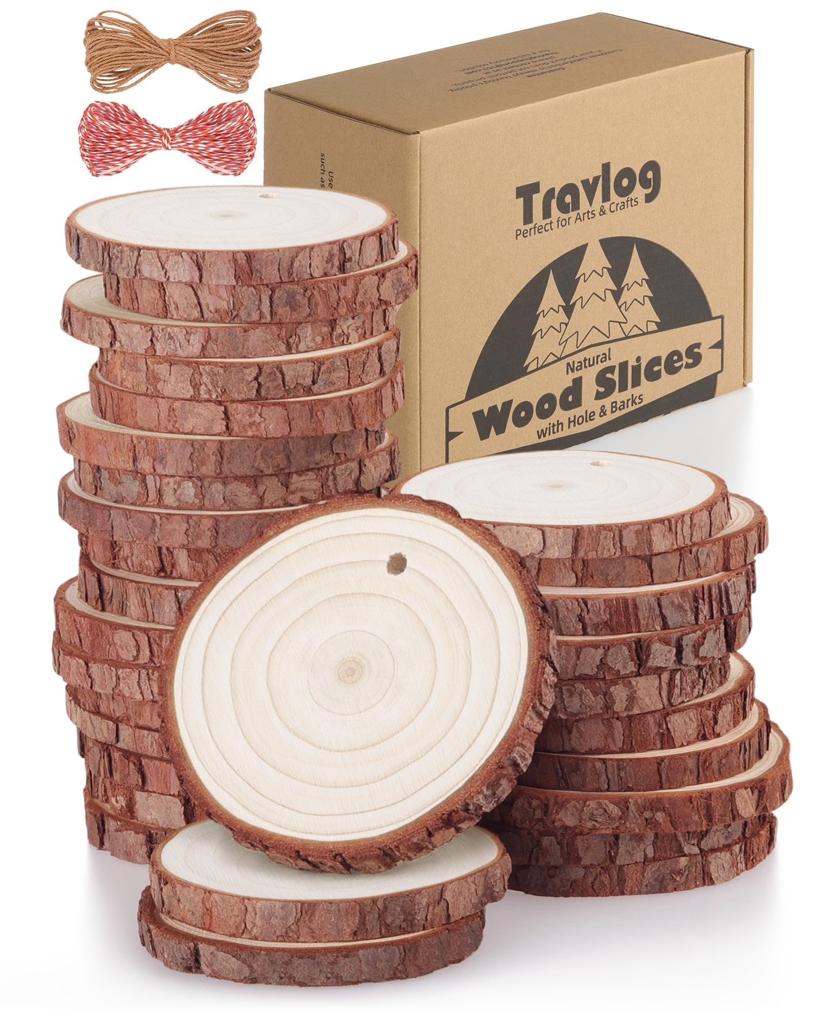 Stack of unfinished wood slices with bark, a box, and two bundles of twine on a white background.