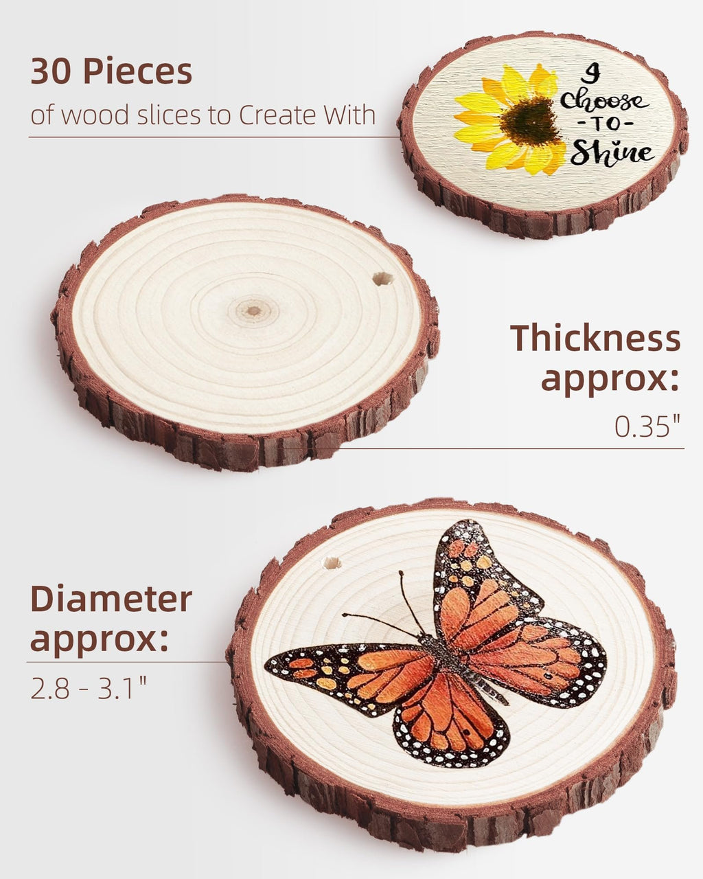 Three unfinished wood slices with bark edges, one with a monarch butterfly design, one with a sunflower and text, and one blank, on a white background.
