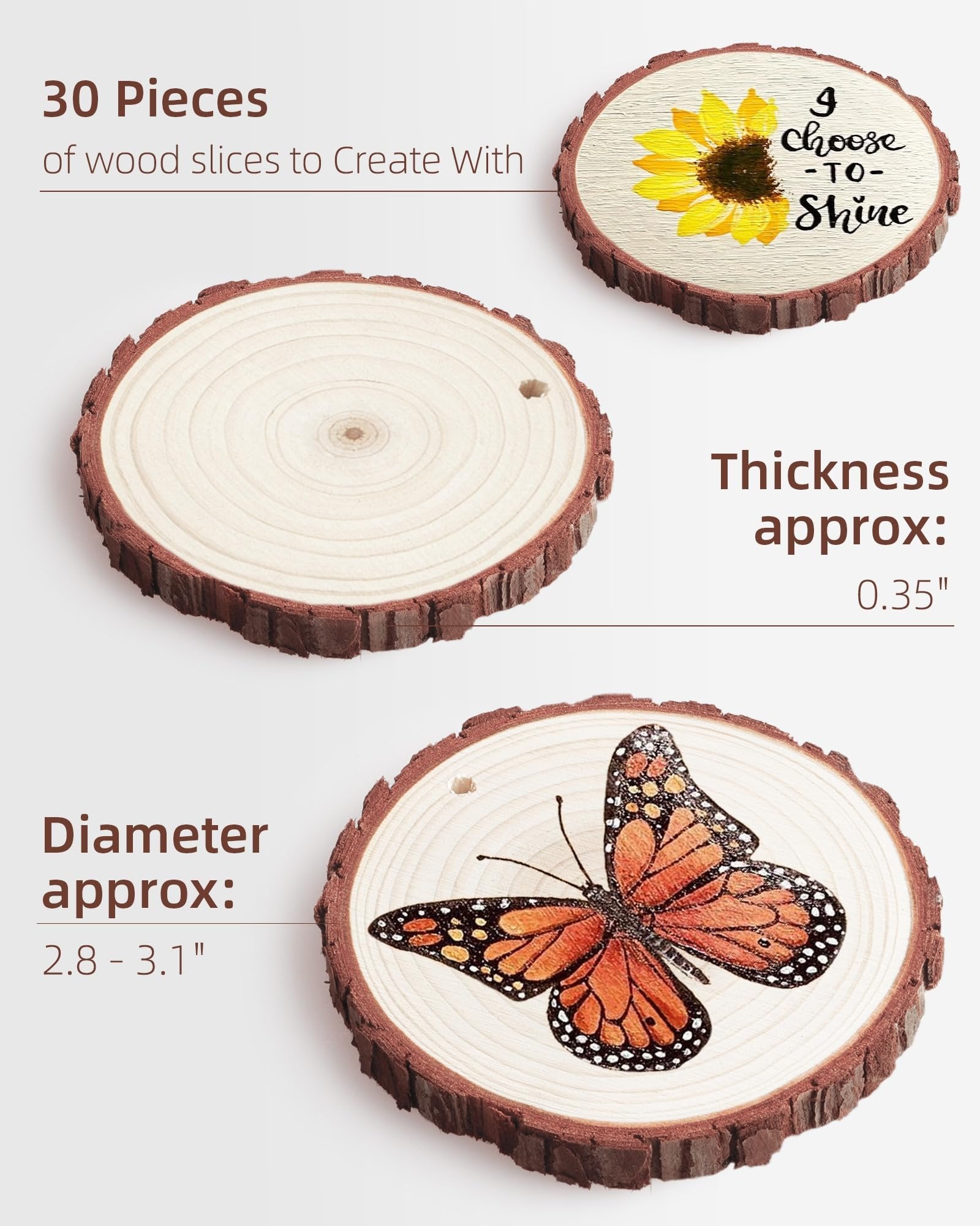 Three unfinished wood slices with bark edges, one with a monarch butterfly design, one with a sunflower and text, and one blank, on a white background.